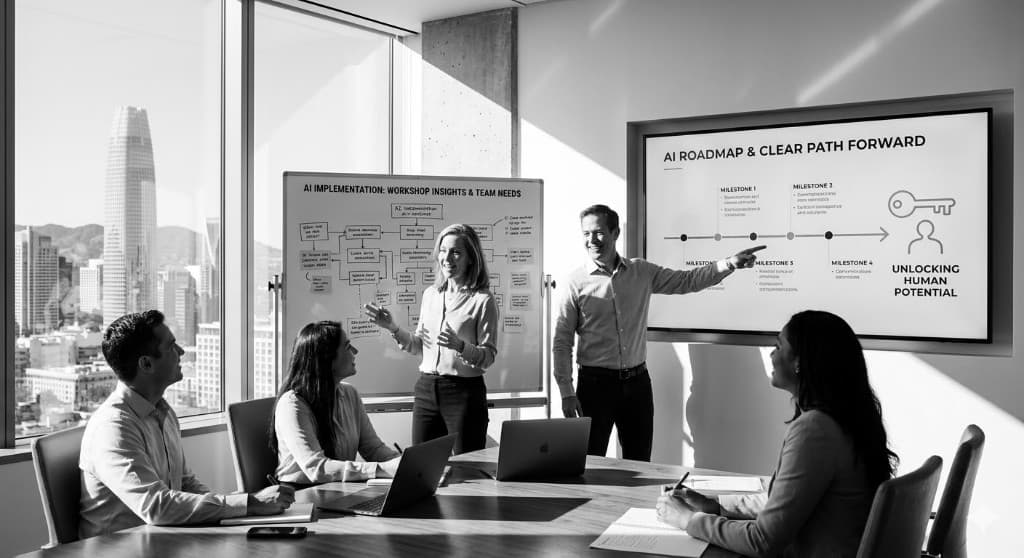 AI implementation sprint workshop with leadership team mapping an AI roadmap and clear path forward