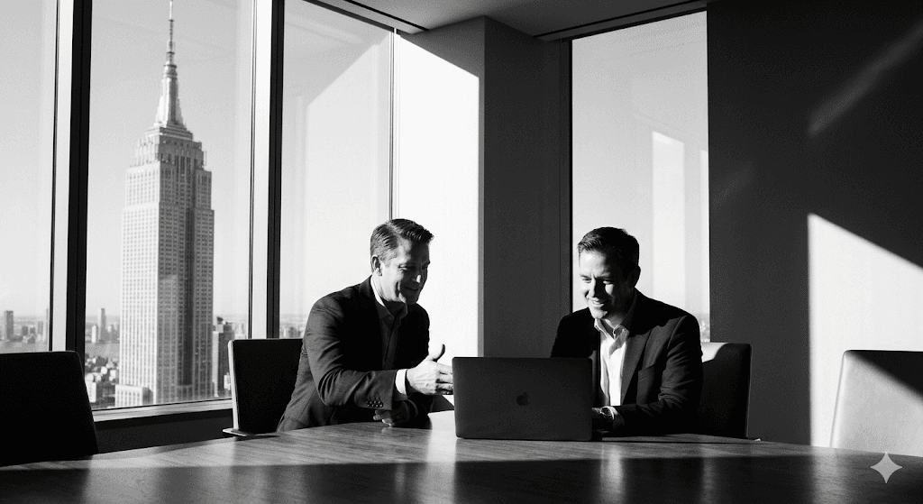 Executive AI coaching in Manhattan, USA: two executives in a focused coaching session with Empire State Building and New York City skyline