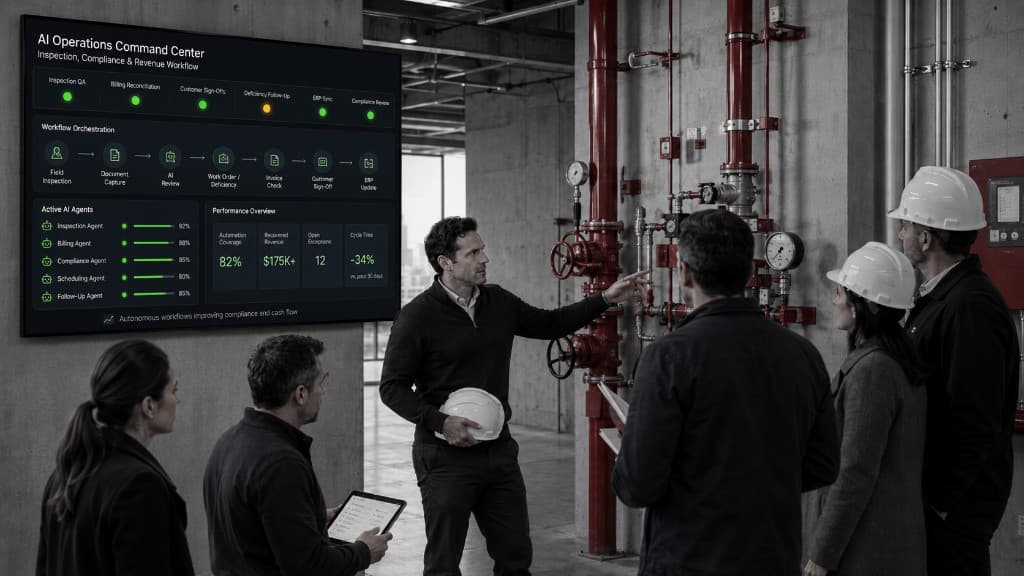 Fire protection field team at a sprinkler riser reviewing an AI operations command center dashboard for inspection, compliance, and billing workflow