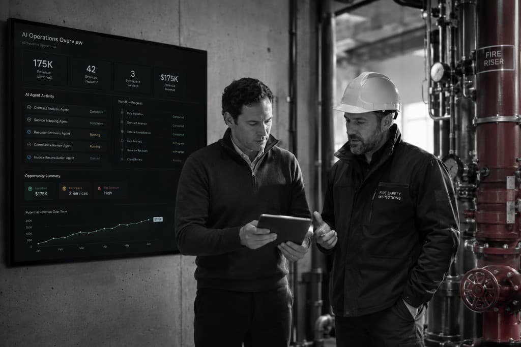 Aspiro advisor and a fire safety inspector at a sprinkler riser reviewing an AI operations dashboard showing $175K in revenue identified