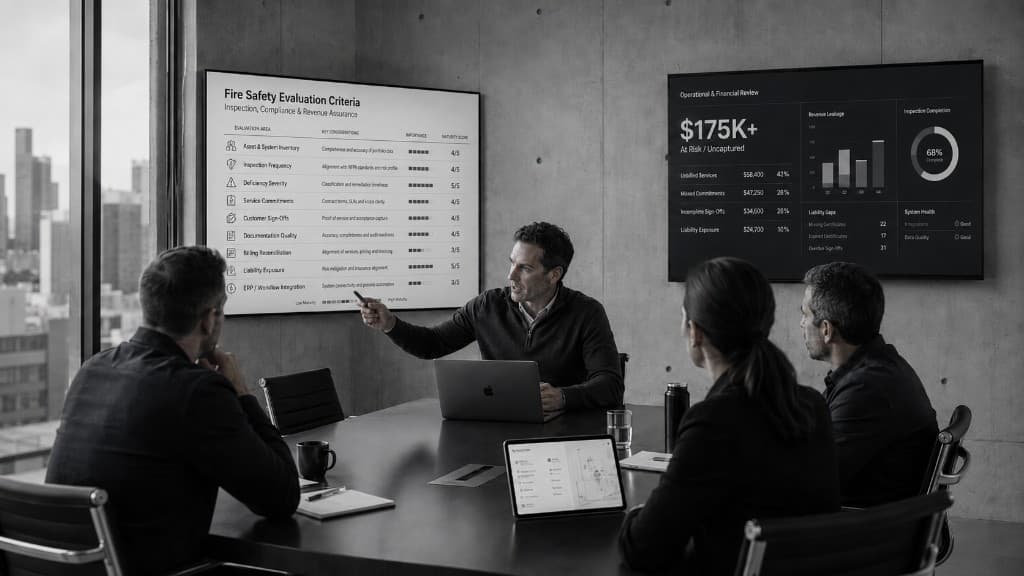 Fire protection company leadership reviewing a revenue-at-risk and inspection compliance dashboard showing $300K+ in uncaptured revenue