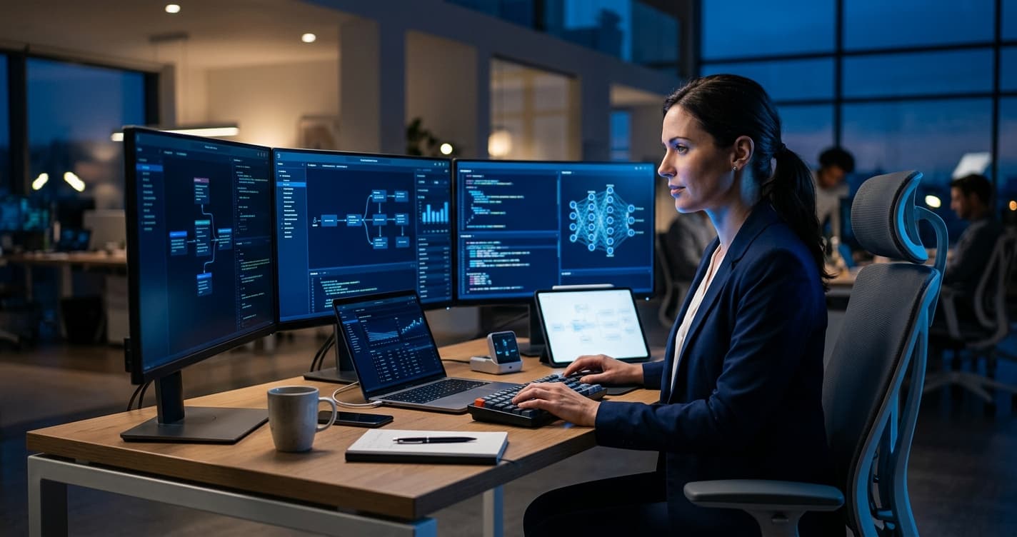 Professional workspace showing human-AI collaboration - person at desk with multiple screens displaying agentic workflows
